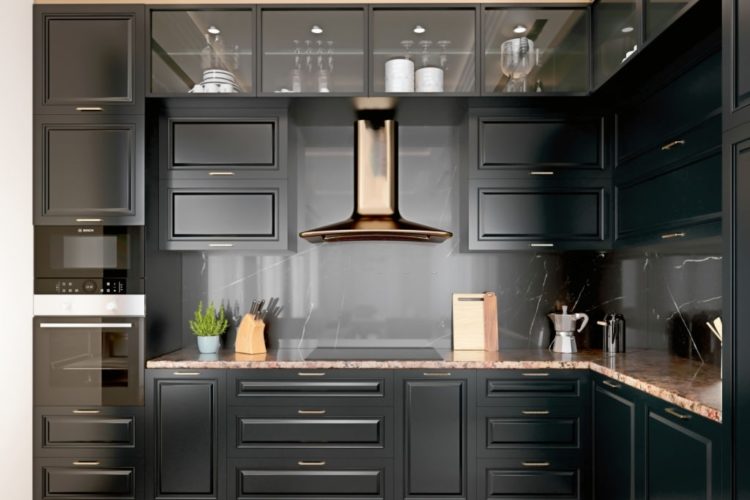 Modern interior design kitchen with black marble, black cabinets, dark gold trim and granite countertop, 3d render, 3d illustration