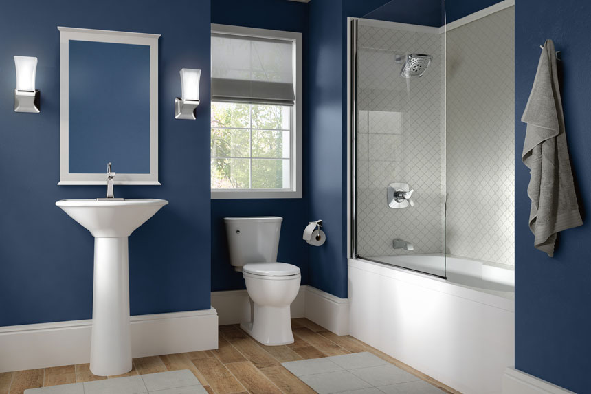 Delta chrome tapware in navy blue master bathroom